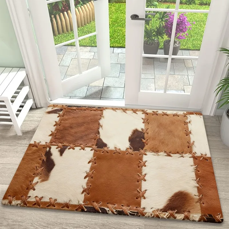 Faux Cowhide Patchwork Style Stitched Brown White Cow Fur Patch Texture Print Non Slip Farmhouse Entry Floor Doormat