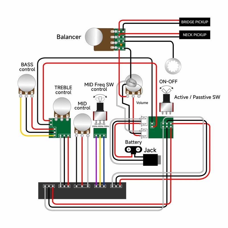1 Stück Vorverdrahteter Bassgitarren-Schaltkreis Aktiv/Passiv Umschaltbarer EQ Bass-Vorverstärker 3-Band Bass-Schaltkreis