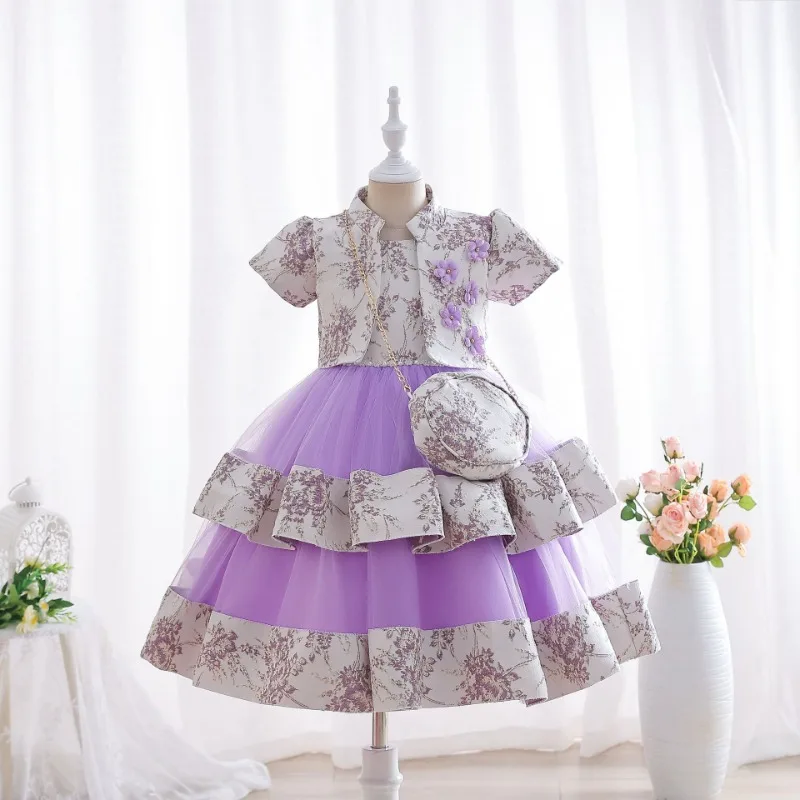 Conjunto de vestidos infantis para meninas, vestido princesa de seda para meninas, vestido de festa infantil, vestidos de noite de casamento, conjunto 3 peças, novo