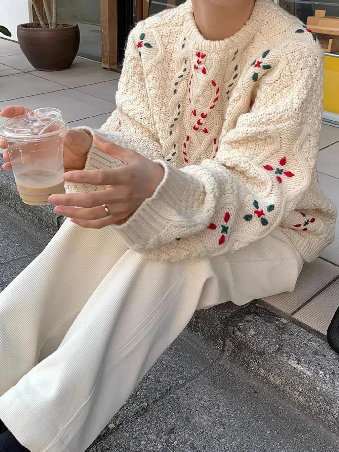 Retro pesado bordado thiened quente camisola de malha feminina outono inverno preguiçoso sle overhead floral estampado topo