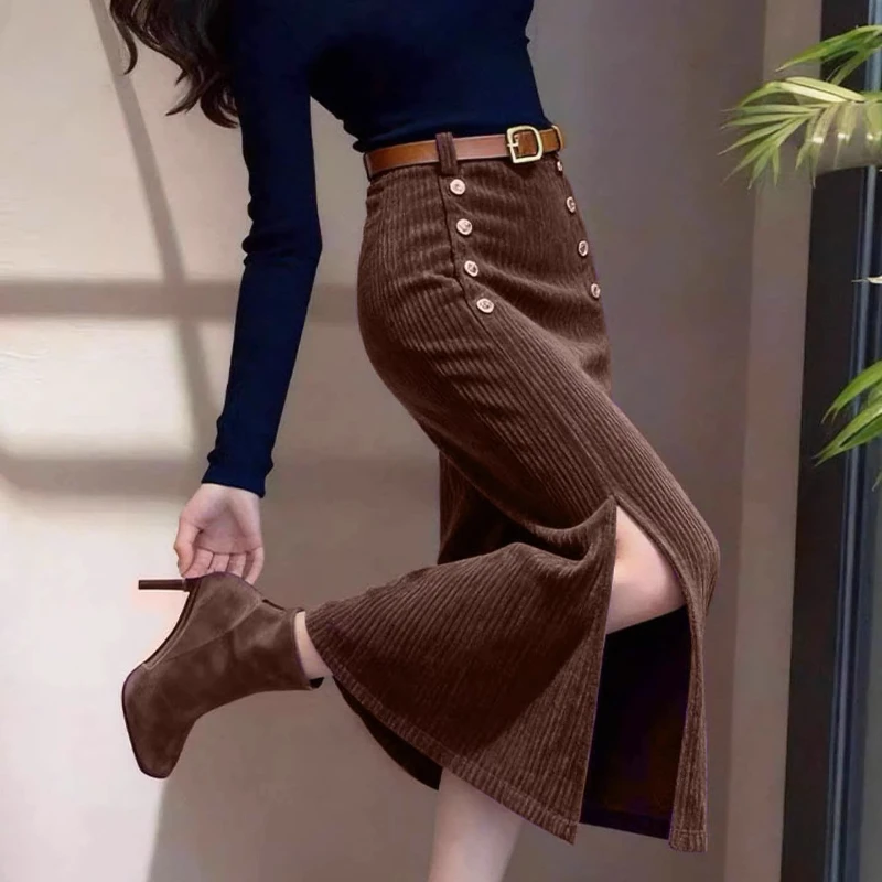 French Style Women Double Breasted Placket Red Orange Coffee Corduroy Pencil Skirt , Woman Elegant Slim High Waisted Skirts