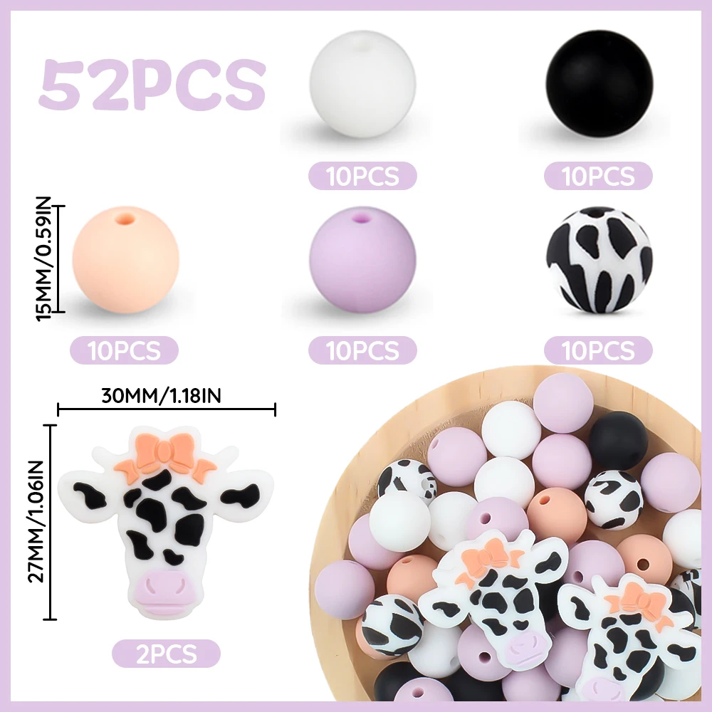 52Pcs/lot Cute Coloured Cow Silicone Beads Set Loose Beads for DIY Chain Jewelry Making Keychain Necklace Bracelet Accessories