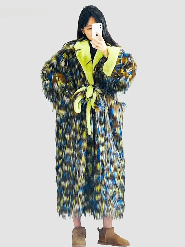 Nerazzurri  Fur Coat Women's Design Sense Belted Loose Fluffy Fur Outerwear Korean Style V-neck Mid-length Winter Coat