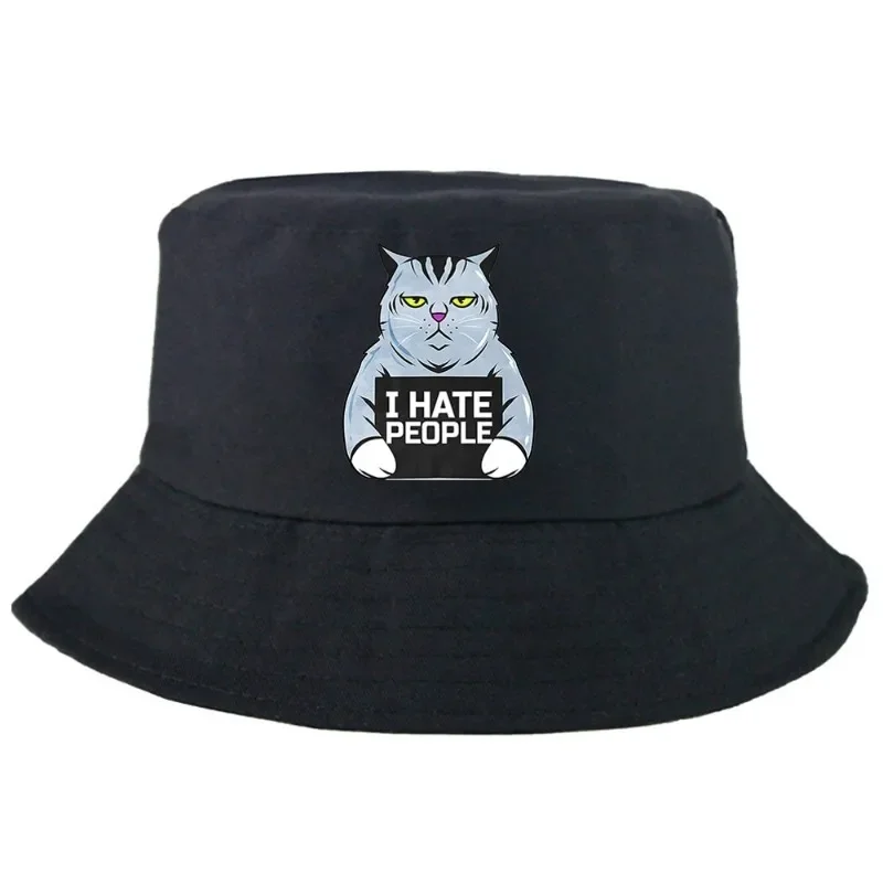 I Hate People  Bored Cat Bucket Hat Summer Foldable Bucket Hat Man Women Unisex Hip Hop Outdoor Sunscreen Fishing Hunting Cap