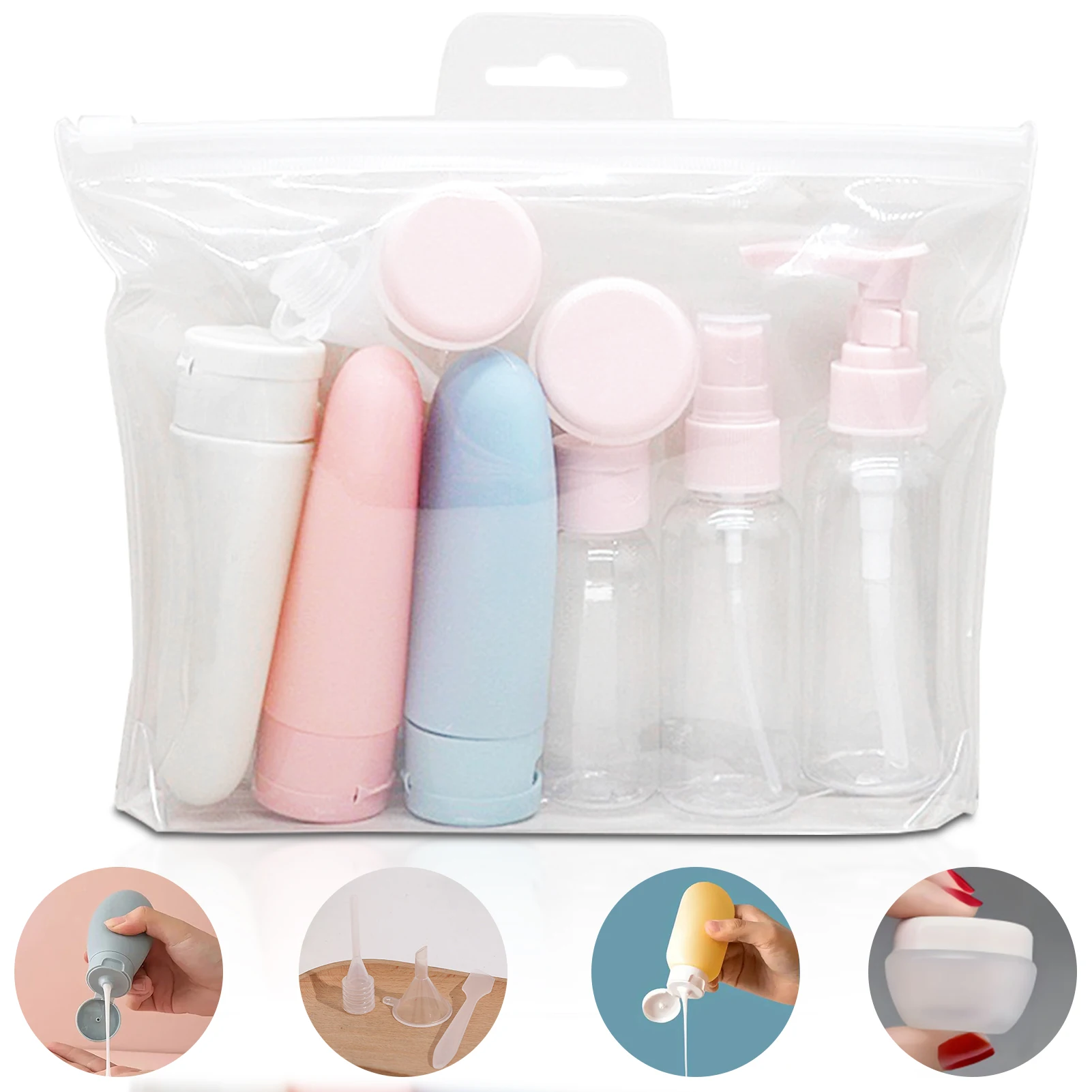 11pcs Travel Bottles Set With Storage Bag Travel Size Empty Liquid Cream Lotion Containers Fine Mist Spray Bottle Squeeze Tubes