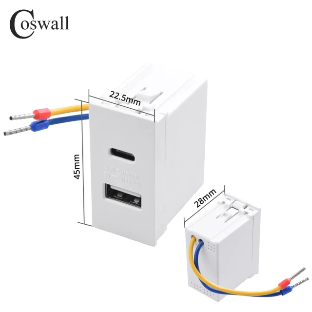 Seria COSWALL E45 / P45 Biały / Czarny 45 * 22,5 mm Gniazdo ścienne typu C i podwójna ładowarka USB DC 5 V, maks. 2 A. Moduł DIY AC 100-240V