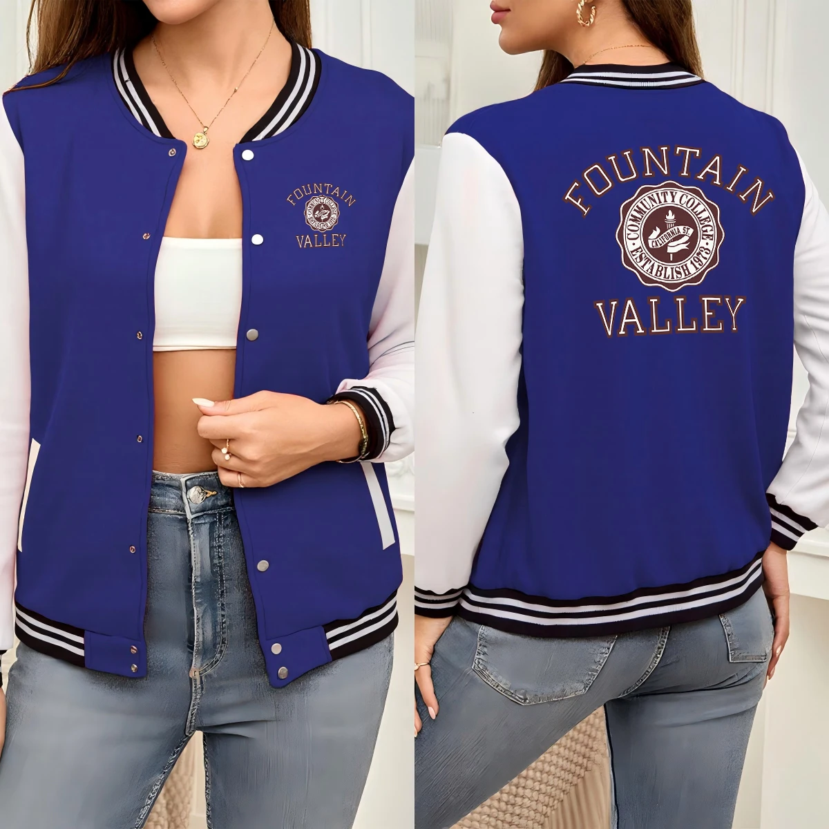 

Fountain Valley California City Letter Printed Uniform Woman'S Hip Hop Loose Jacket Warm Sport Veste Vintage Oversized Jackets