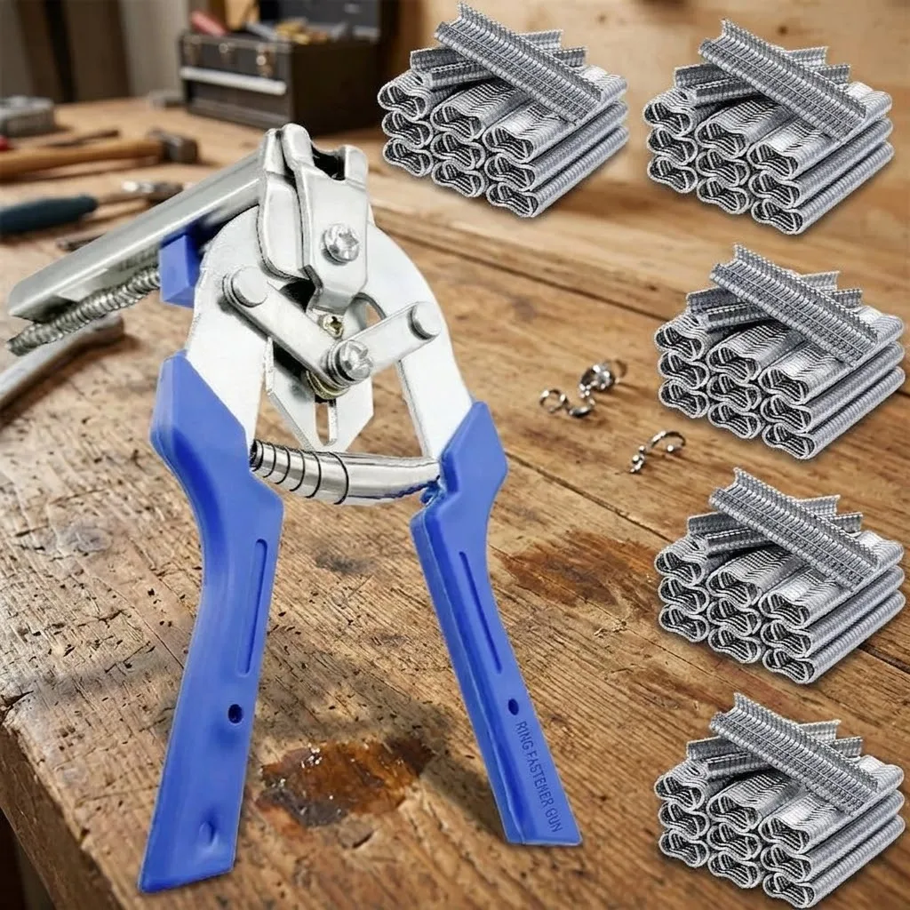Universal Hog Ring Plier Tool - 600pcs Wire Clamp Staples, Manual Fencing Pliers for Chicken Mesh, Rabbit Cage and Garden Wire