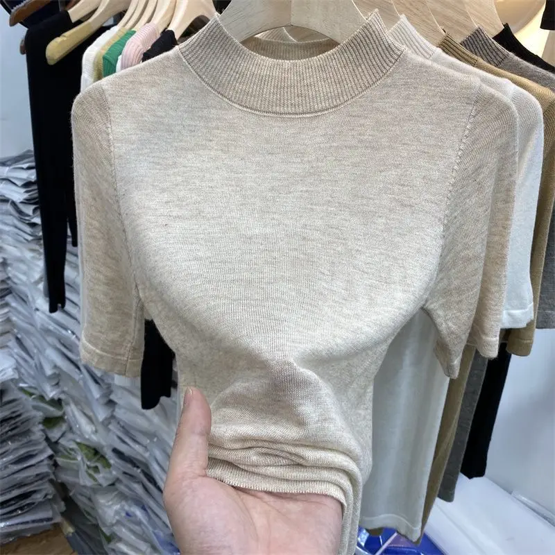 

Slim Fit Knitted Base Shirt Half High Collar Thin Five Sleeve Fashionable Inner And Outer Wear Spring Autumn New 2025 Style