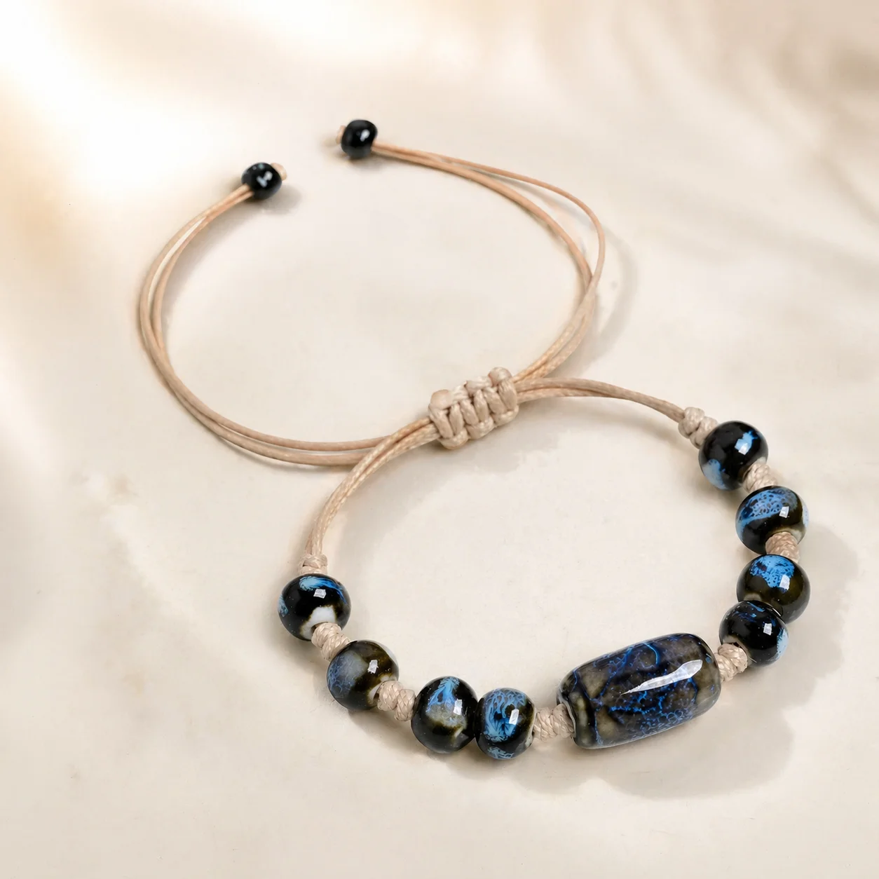 Bracelet en céramique fait main, cordon ciré réglable, perles couleur café clair, pour femme, cadeau simple et significatif, 12-24cm S04-0083