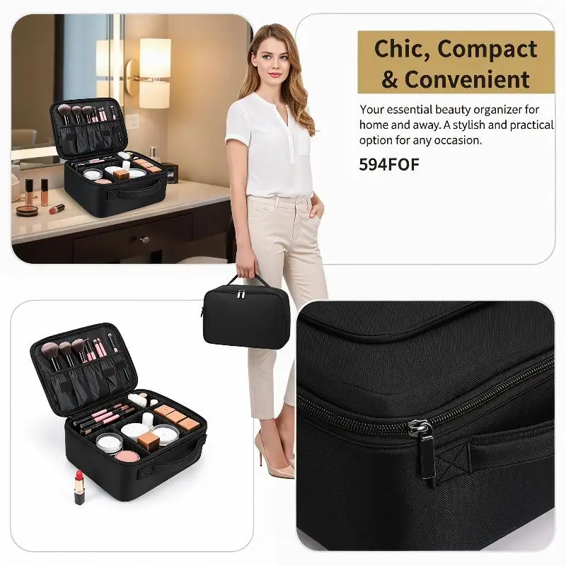 Versatile Travel Makeup Bag for Women with Elastic Brush Holders for Easy Sorting