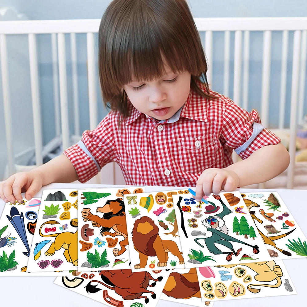 8/16 Vellen Disney De Leeuw Koning Puzzel Stickers Spel Make-A-Face Kids Diy Puzzel Kinderen Educatief Speelgoed Cartoon Stickers Cadeau