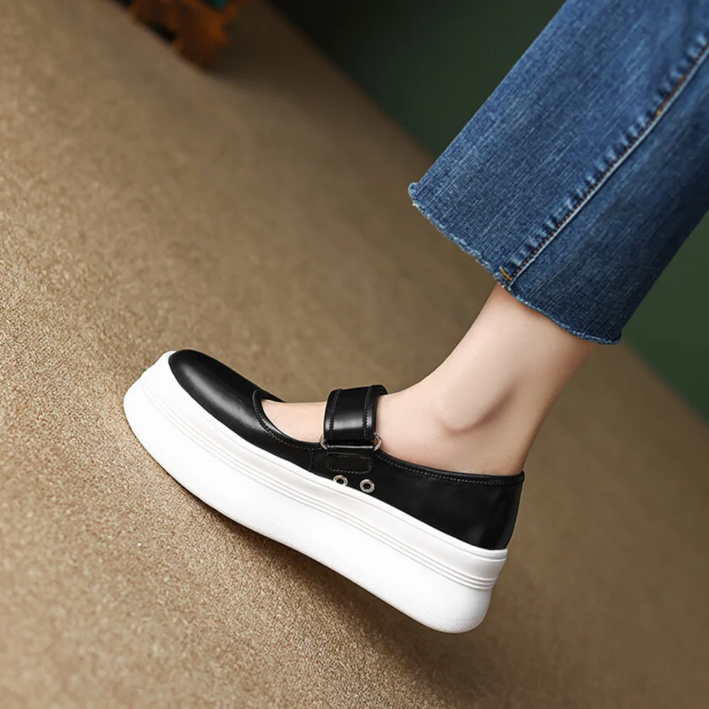 2024 New Cow Leather Mid Heel Women Mary Jane Sneakers White Fashion Thick Bottem Slip On Casual Women Platform Vulcanize Shoes