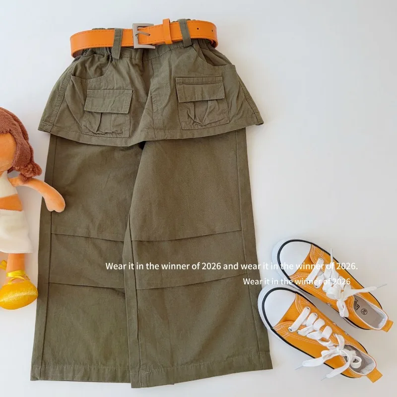 2026 Girls' Spring and Autumn Korean Version Fake Two Piece Fart Curtain Work Pants Casual Wide Leg Pants