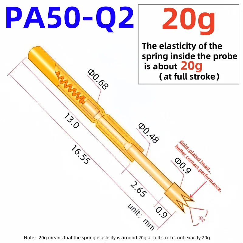 20/100 قطعة PA50-Q2 الربيع اختبار التحقيق PA50-Q اختبار دبوس اختبار أداة 16.55 مللي متر Dia0.68mm الذهب إبرة تلميح 0.9 مللي متر بوجو دبوس P50-Q P50-Q2 20 جرام