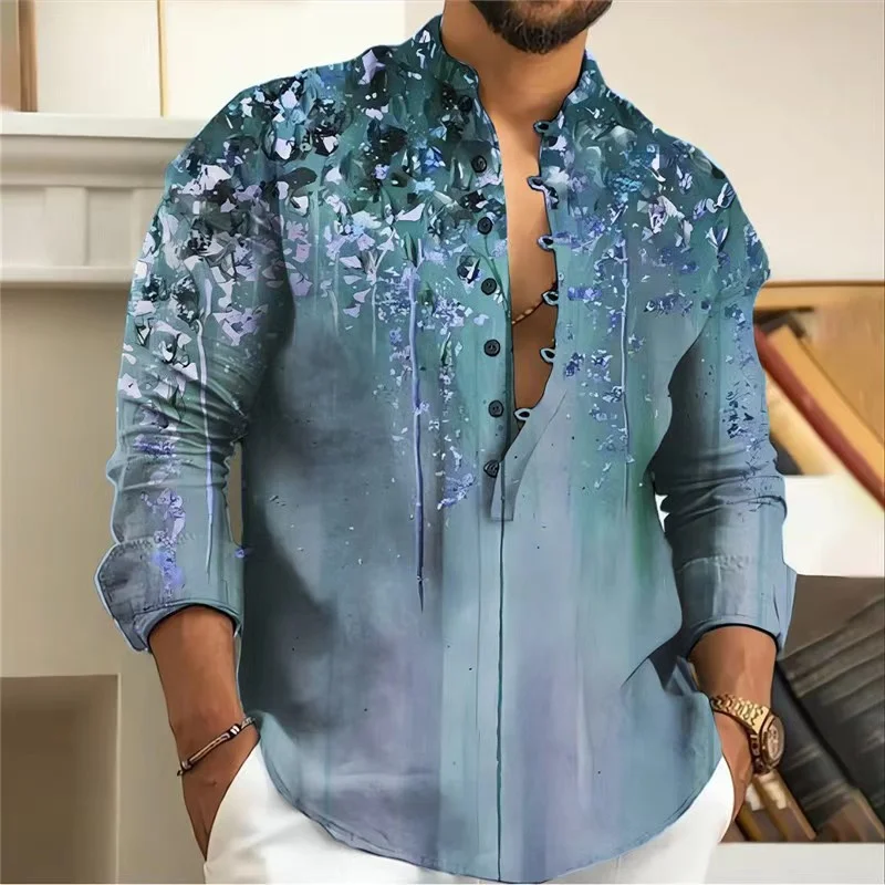 Men's Long Sleeve Button Down Shirt Fashion Casual Loose Henley V Neck Beach Top T Shirt 2024 Spring Autumn As Gift