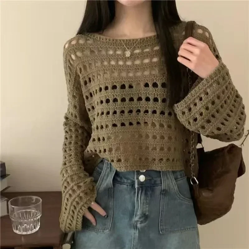 2024 Y2K Long Sleeve Crochet Knit Top Summer Beach Bikini Cover Up Crop Pullover Wool Knitwear Blouse Women Vacation Boho Outfit