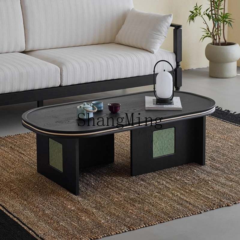 

ZYY medieval style living room household coffee table solid wood retro oval medieval black tea table