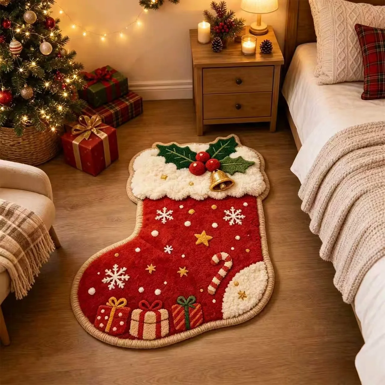 VIKAMA Gnome 3D Tunnel Presents Scene Round Rug Soft Flannel Non-Slip Bedroom Bedside Living Room Christmas Carpet Cozy Home