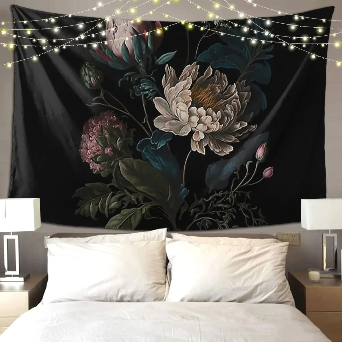 Dark Academia Peony Botanical Tapestry Art Wall Hanging Aesthetic Home Decoration Tapestries for Living Room Bedroom Dorm Room