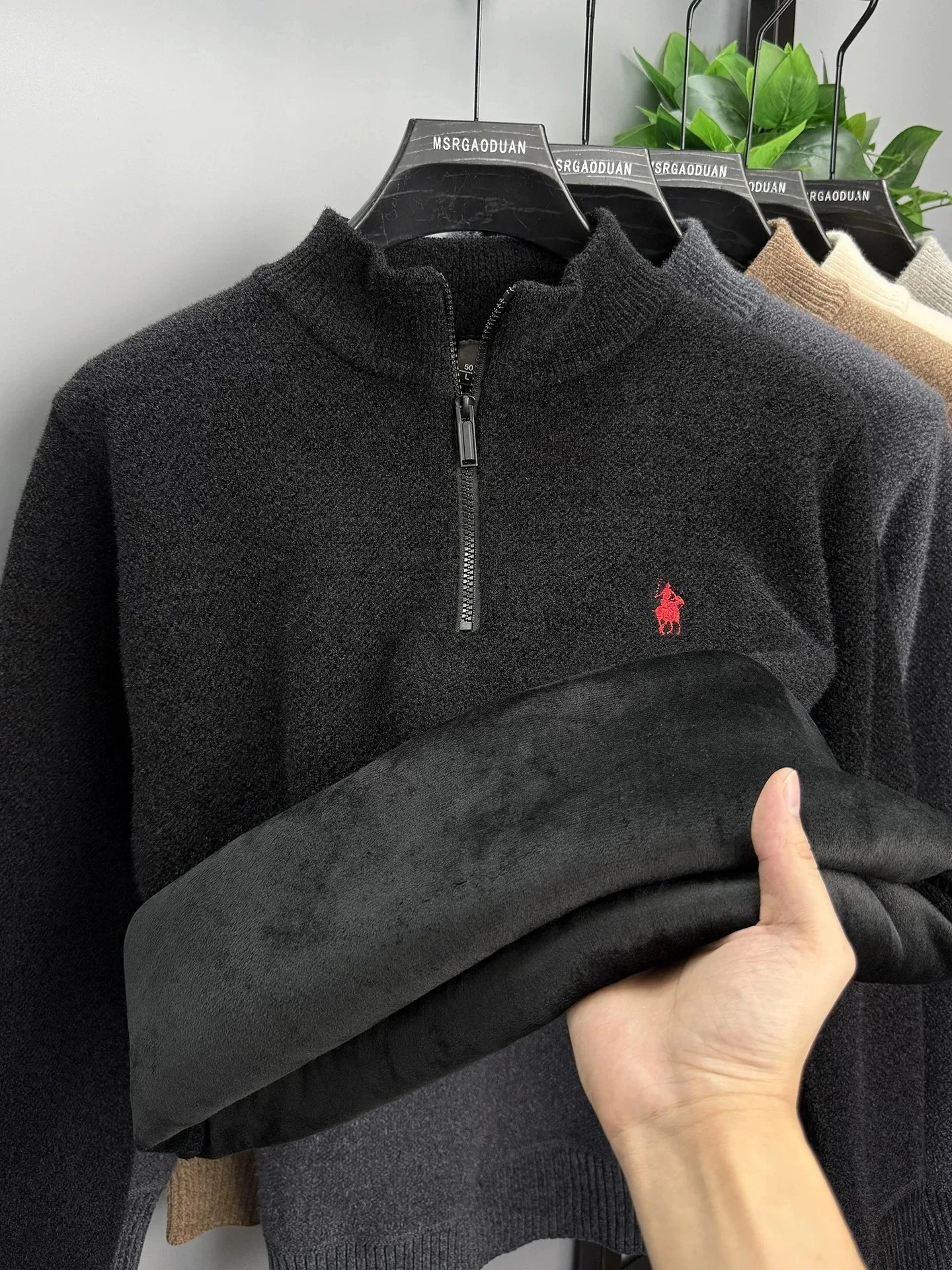 Luxury Brand zipper semi high neck sweater men's high-end fashion ponytail golf embroidery winter new velvet warm knit pullover