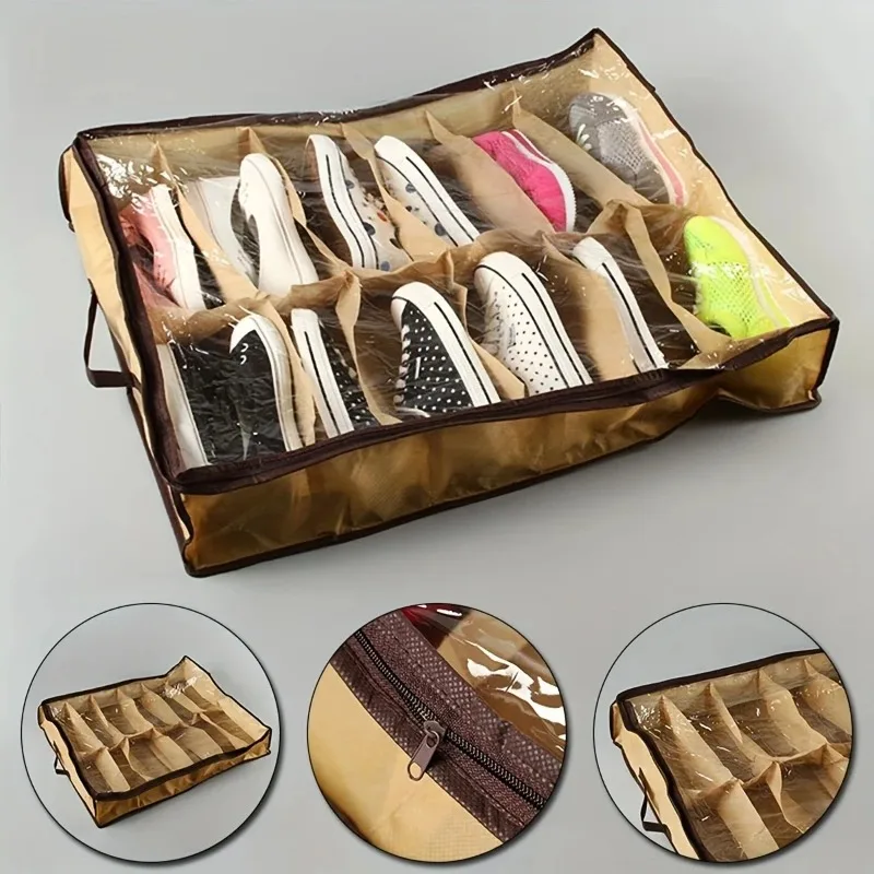 12-Compartment Transparent Shoe Storage Bag - Dustproof and Moisture-Resistant, Hand-Washable, Under-Bed Organizer with Handles