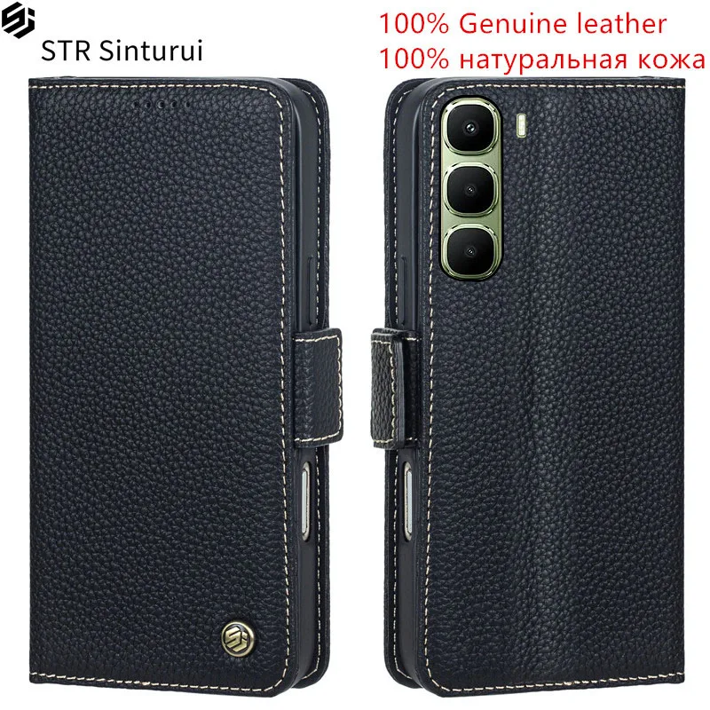 

STR 100% Genuine leather lychee grain card Slot Wallet Cover For Infinix Hot 60 50 12 Pro Pro+ 40i 4G 5G 30i 20i Flip phone Case