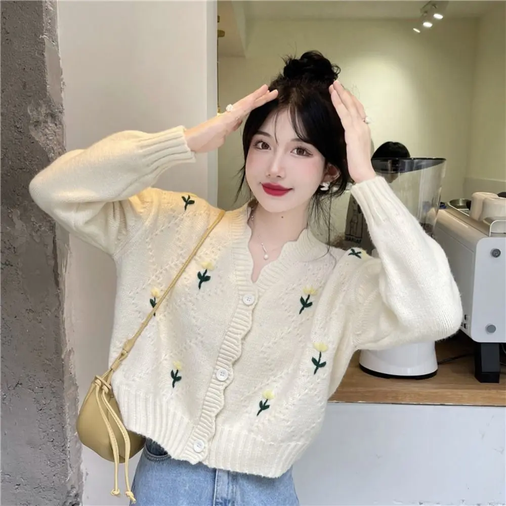

Candy Color Short Knitted Sweater Long Sleeve Slim Women Knitted Cardigan Flower Embroidery INS Korean Style Sweater Female