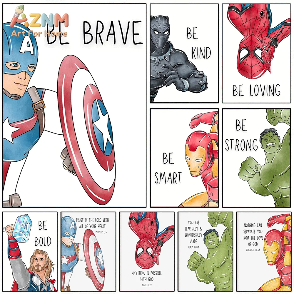 AZNM Cute Chibi Marvel Superhero Frameless Canvas Wall‑Art Print Hulk Spider‑Man Iron‑Man Captain‑America Cartoon Character Po