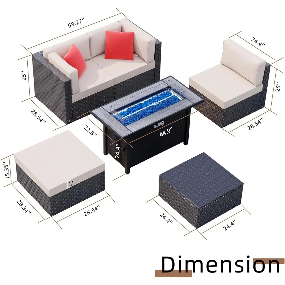 5 Stück Terrassenmöbel-Sets mit 45 Zoll Feuerstelle Tisch, Outdoor-Gesprächs set Stahl Gas Feuerstelle mit Glas tisch & Ottomane