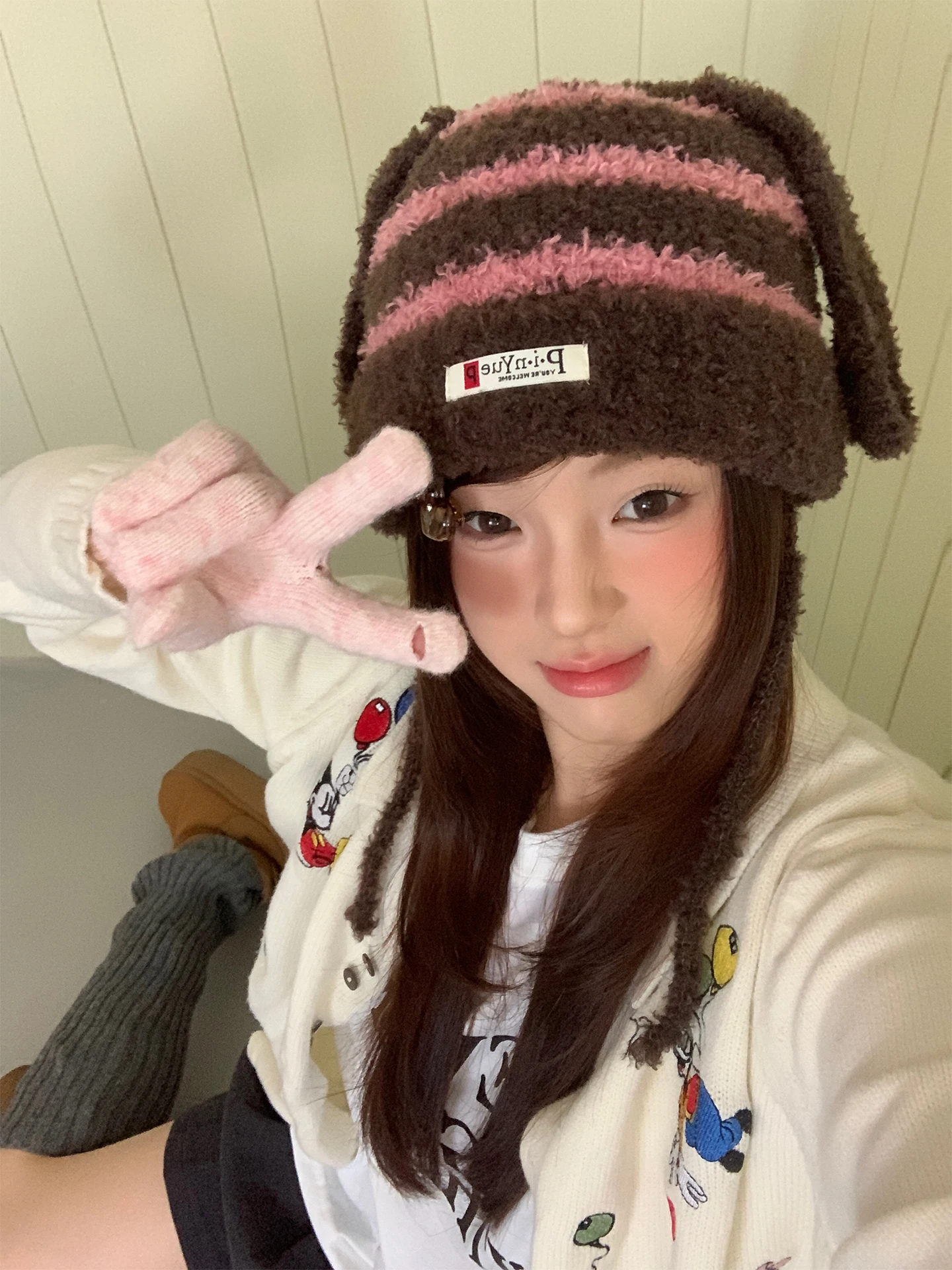 Funny Cute Plush Color-Blocked Long-Ear Knitted Hat For Women Winter Merino Ear-Protecting Woolen Hat