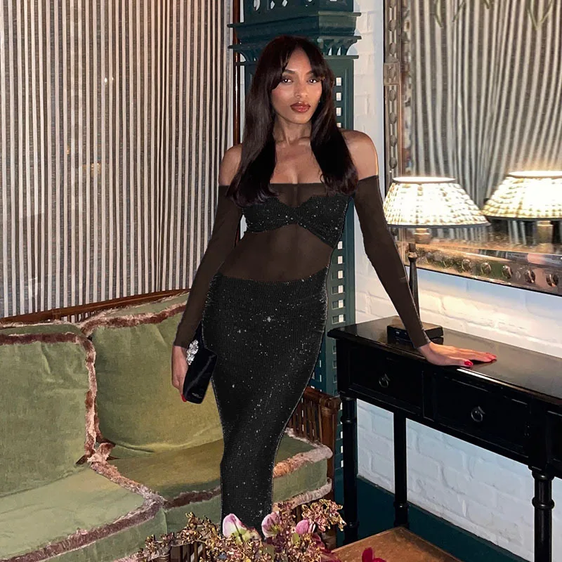 DSMTRC Elegante Partito Con Spalle Scoperte Bling Bling Abito Nero per Le Donne Autunno Sexy See-through Patchwork Maxi Vestito Femminile Vestido