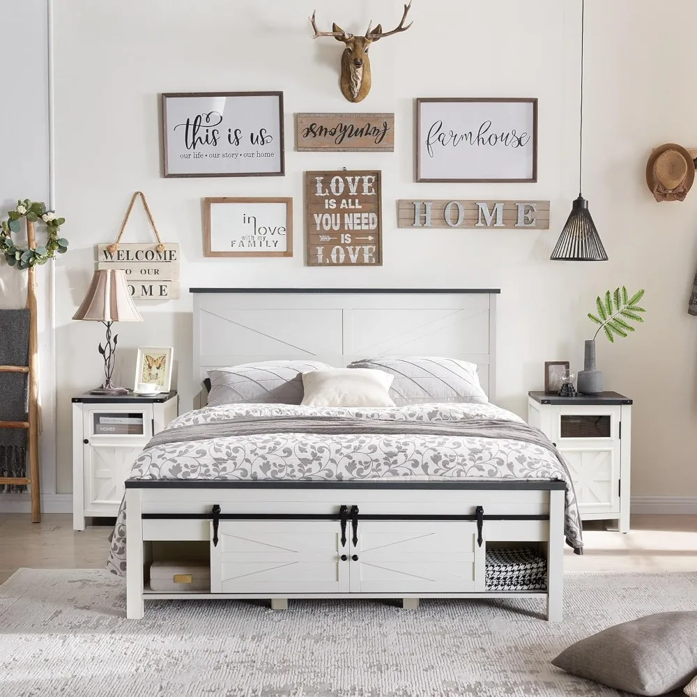 

queen size farmhouse wood bed frame with sliding barn door cabinets, headboard, and solid wood slats
