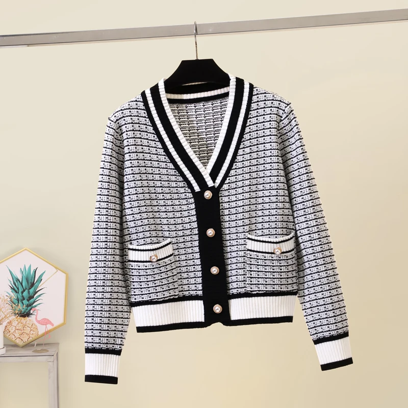 Autumn Winter Plaid Knitted Pink Cardigan Small Fragrance Sweater Women V-neck Long Sleeve Pockets Button Korean Fashion Jackets