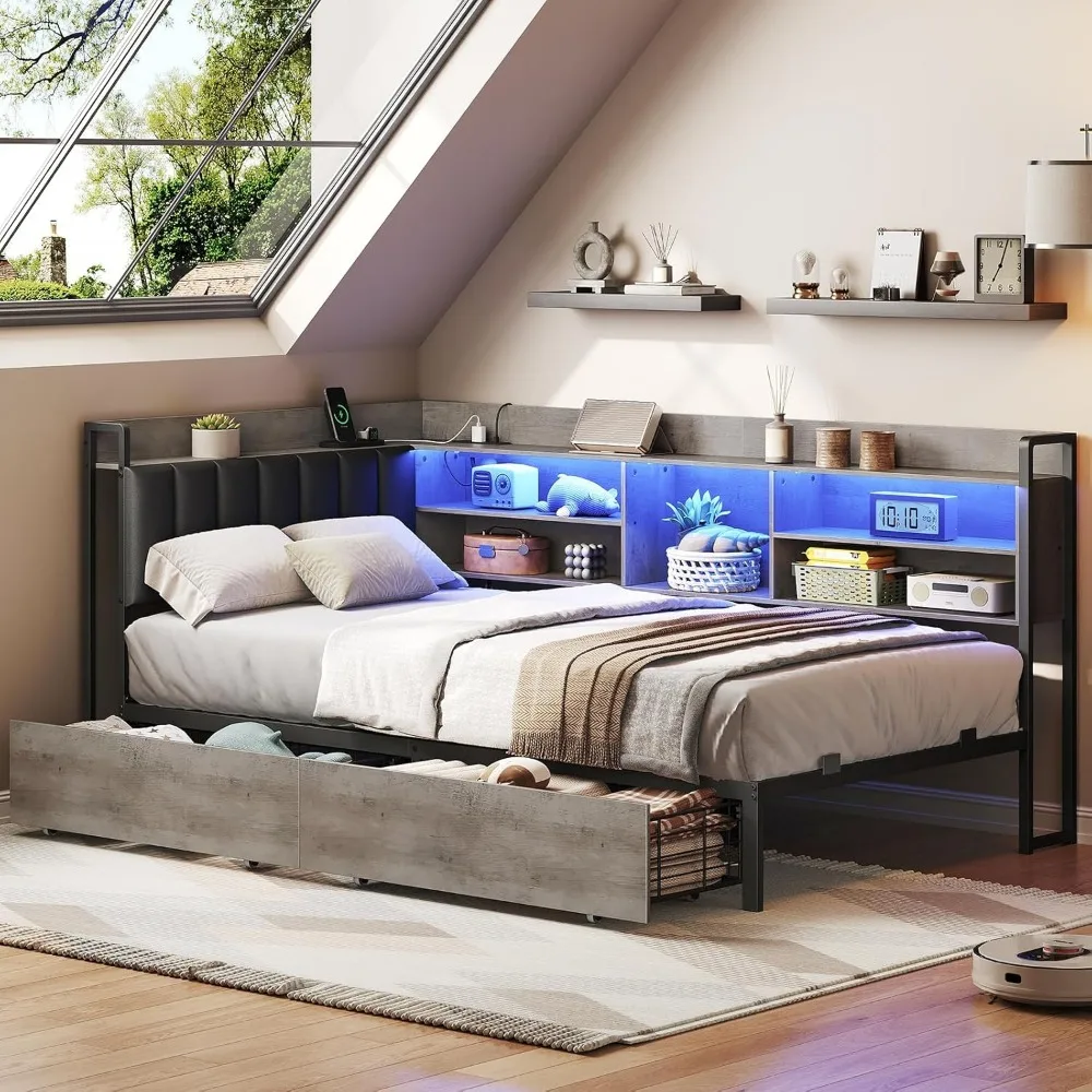 Bed Frame with Bookcase Storage and PU Upholstered, Twin Daybed with 2 Drawers and Charging Station, Metal Platform Bed F