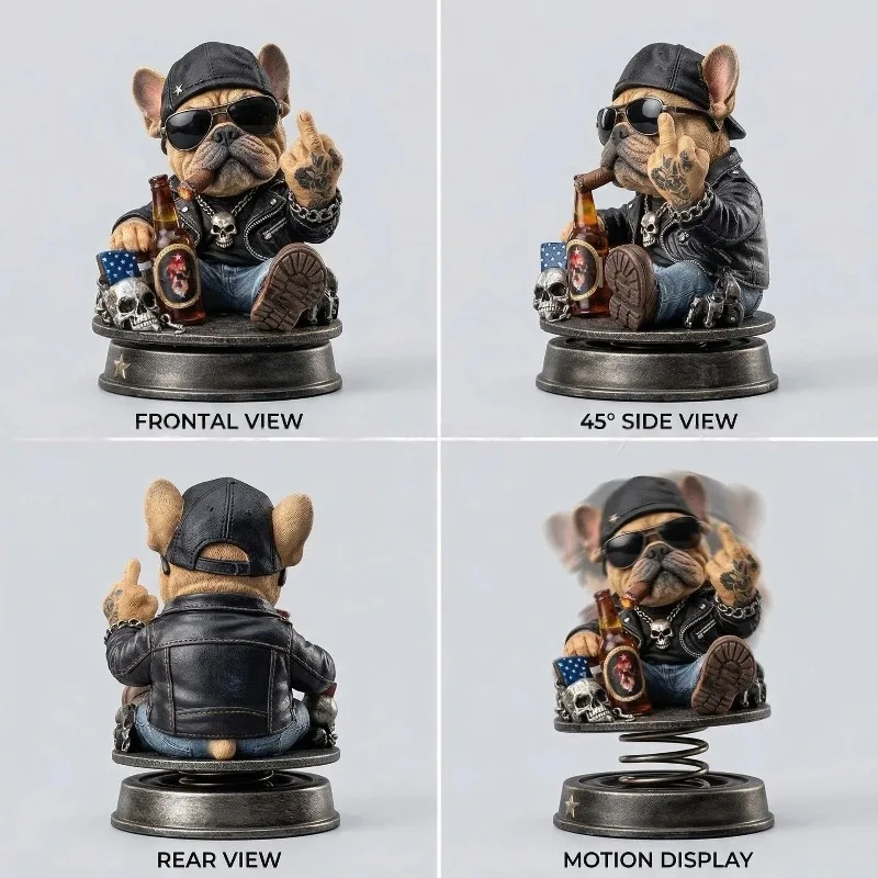 Biker French Bulldog Car Dashboard Decor,Shaking Spring Bulldog Figurine,Retro Motorcycle Style Resin Ornament for Car Home Gift