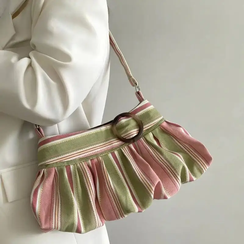 Striped Canvas Pleated Shoulder Bag Wood Ring Decor Soft Fabric For Daily Outings Shopping Dating