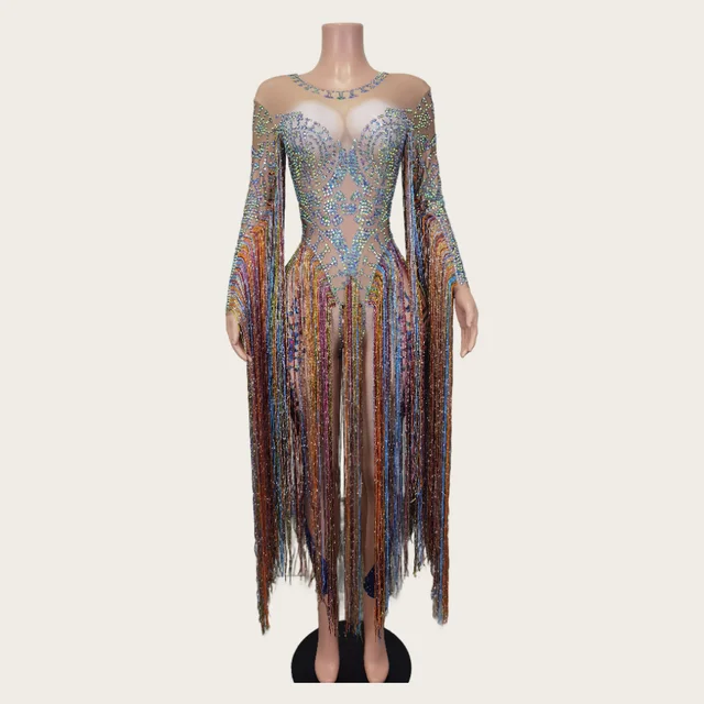 Moda Rhinestone Tassel pajacyki damskie jednoczęściowe kombinezony seksowne kobiety na imprezę bal występ na scenie taniec trykot klubowe body