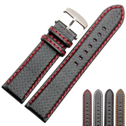 18mm 20mm 22mm 24mm Black Red Orange Stitching Carbon Fiber Leather Watch Band with Steel Clasp Strap Sports Watchband