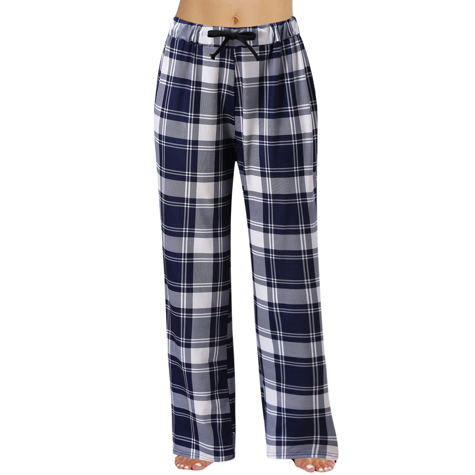 

Women Trousers Casual Pajamas Plaid Print Outside Home Fashion Elastic Waist Rope Joggers Pants Drawstring Trendy Long Pants