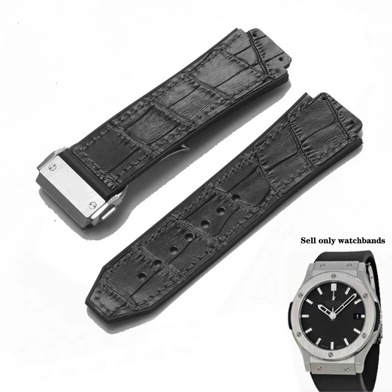 Genuine Cow Leather Watch Band For Hublot Yubo Big Bang Male Classic Fusion Silicone Sweetproof Watch Strap 19x26mm Matte