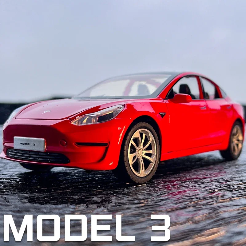 

1:24 Tesla Model 3 Alloy Car Model Diecast Metal Toy Vehicle Car Model High Simulation Sound and Light Collection Childrens Gift