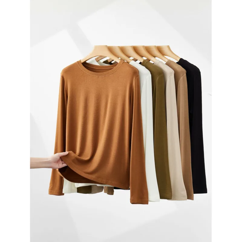 Autumn Winter Wool Long Sleeve T Shirt Women Round Neck Slim Fit Basic Heating Thermal Top