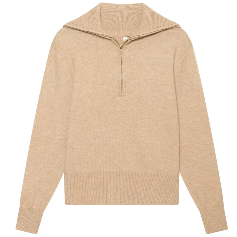 HXAO Women's Knit Woolen Sweater Autumn 2026 Khaki Oversized Cashmere Sweater Chic Half-Zip Lapel Long Sleeve Top Warm Knitwears