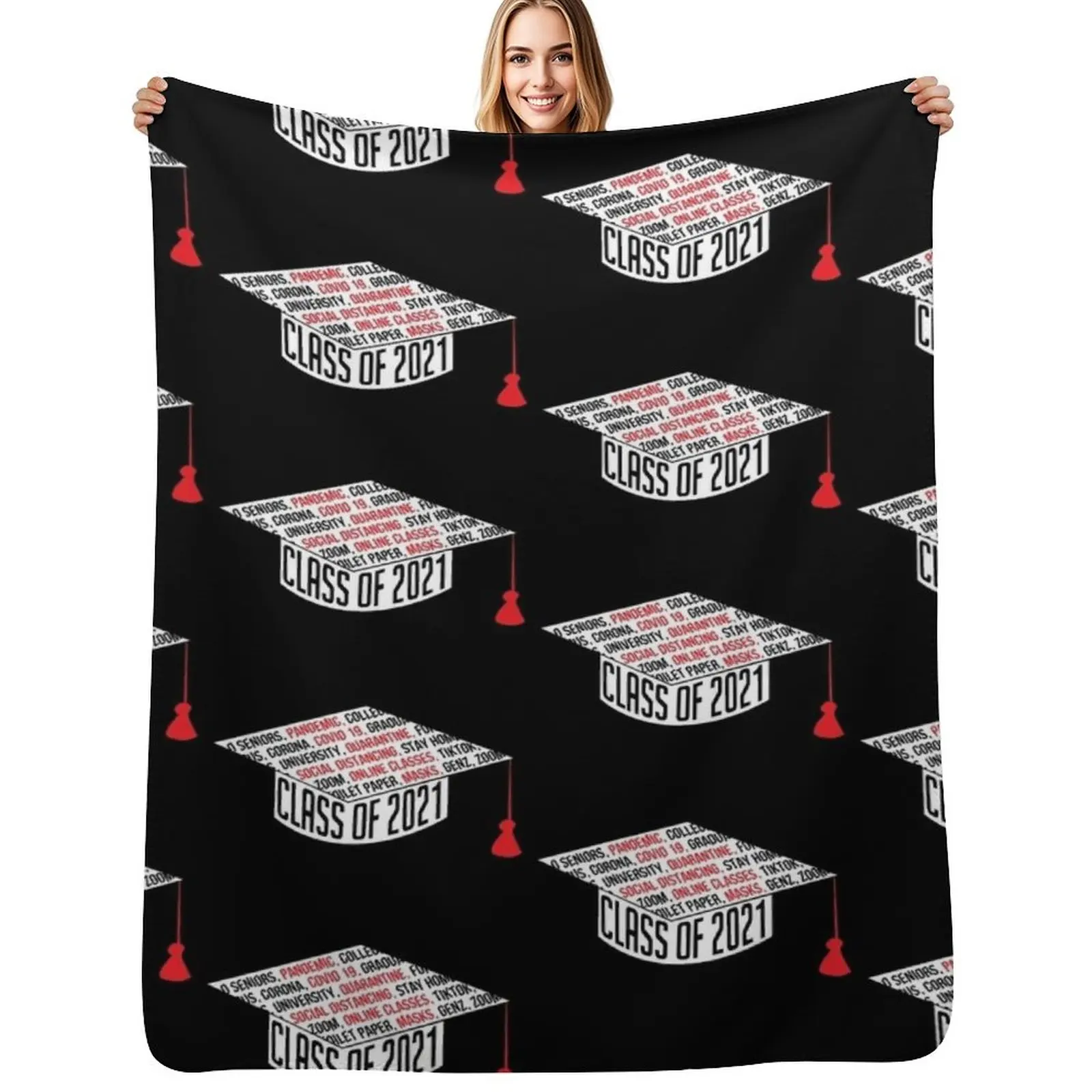 

Class of 2021 Graduation Cap Typography Black Throw Blanket Cute Bed linens Thins Soft Plush Plaid Blankets
