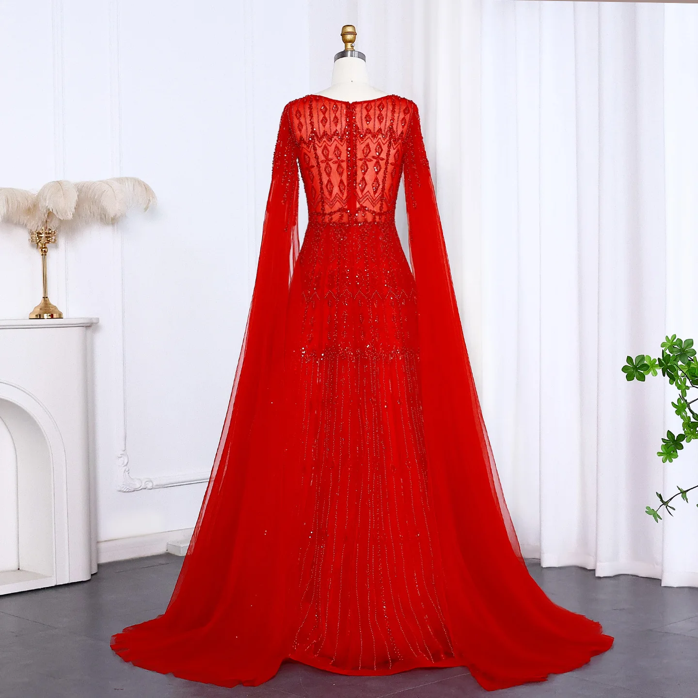 Sharon Said Luxuriöses Dubai Blaues Abendkleid mit Cape-Ärmeln in Übergröße, A-Linie, Arabisches Hochzeits- und Festkleid SS001, Maßanfertigung – Detail 37