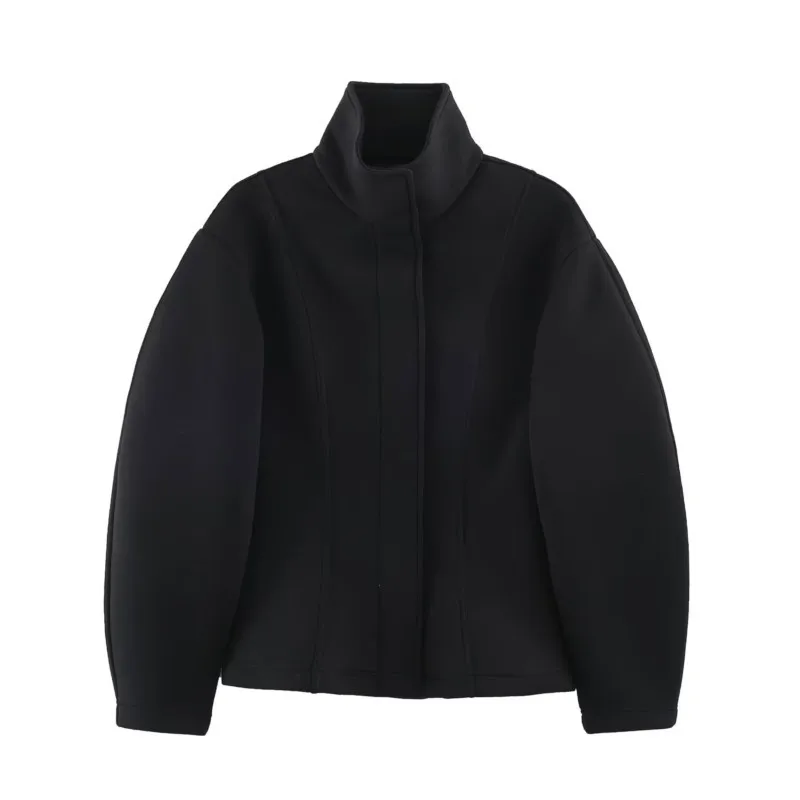 Women's Jacket Autumn New Casual High Neck Fluffy Sleeve Simple Coats Fashion Female Commute Outerwear Chic Tops