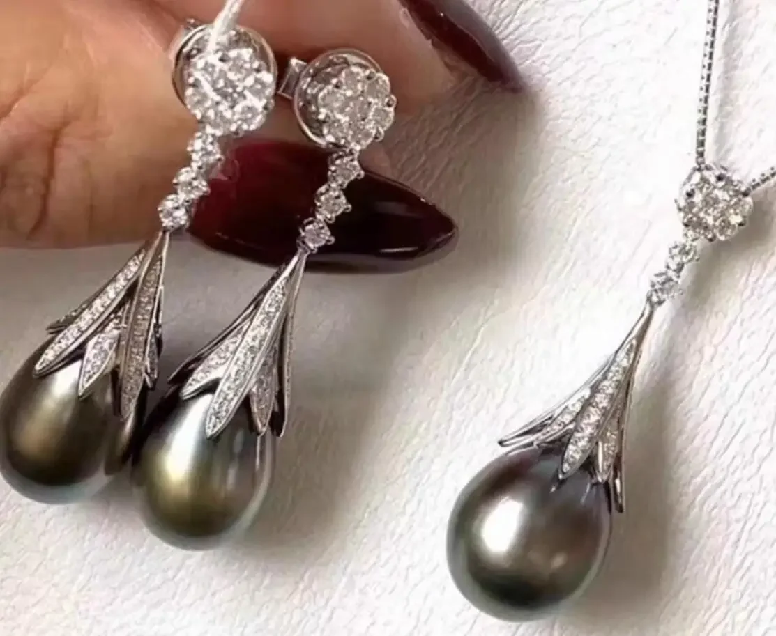 

Hot selling pearl AAAA9-10mm 10-11mm natural South Sea black pearl water droplet pendant necklace 18 inch+earring set 925s