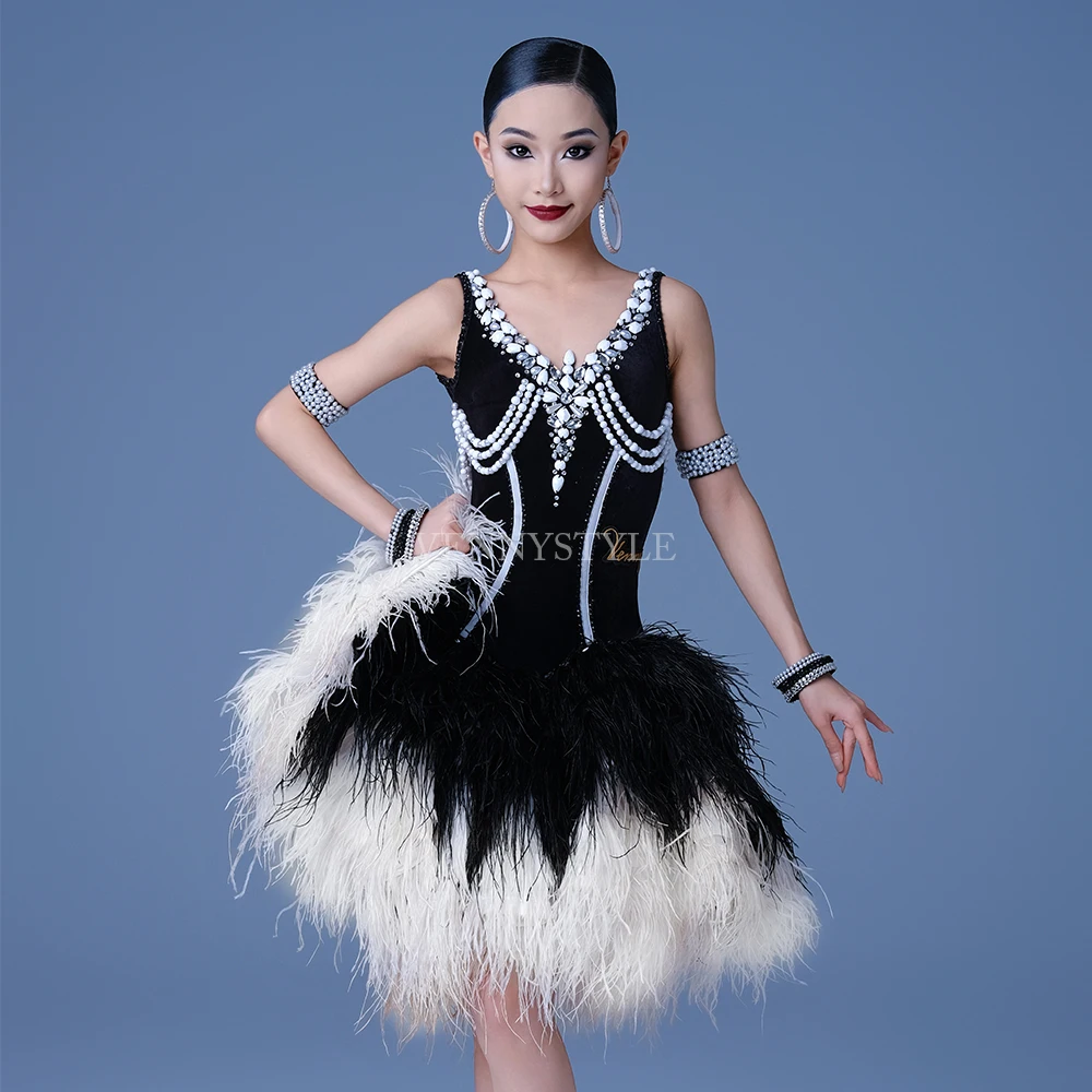 Vennystyle new feather Latin dance competition dress Professional dance adult costume diamond skirt