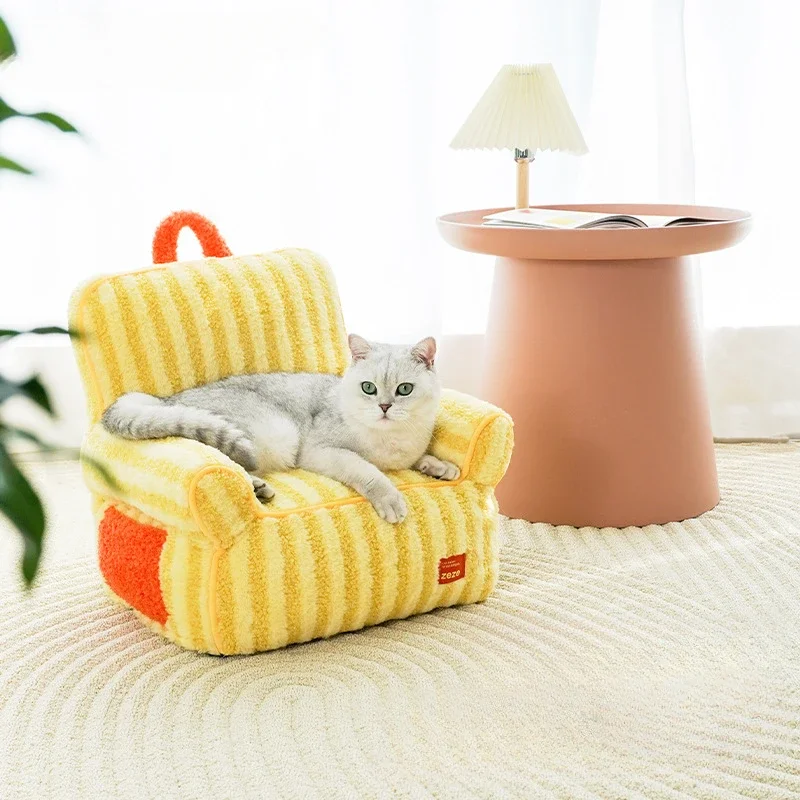 JFLEGAL Striped Dog Kennel Warm Cat Bed All Season Universal Removable and Washable Cute Pet Puppy Sofa Cat Nest Soft Velvet Pad